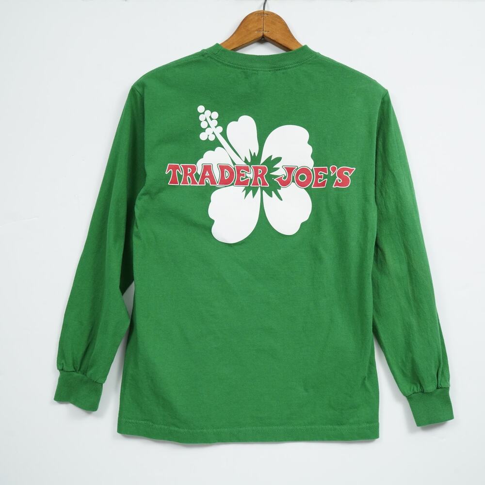 Vintage Trader Joe's Green Long Sleeve Graphic T-Shirt Men's Small Hibiscus